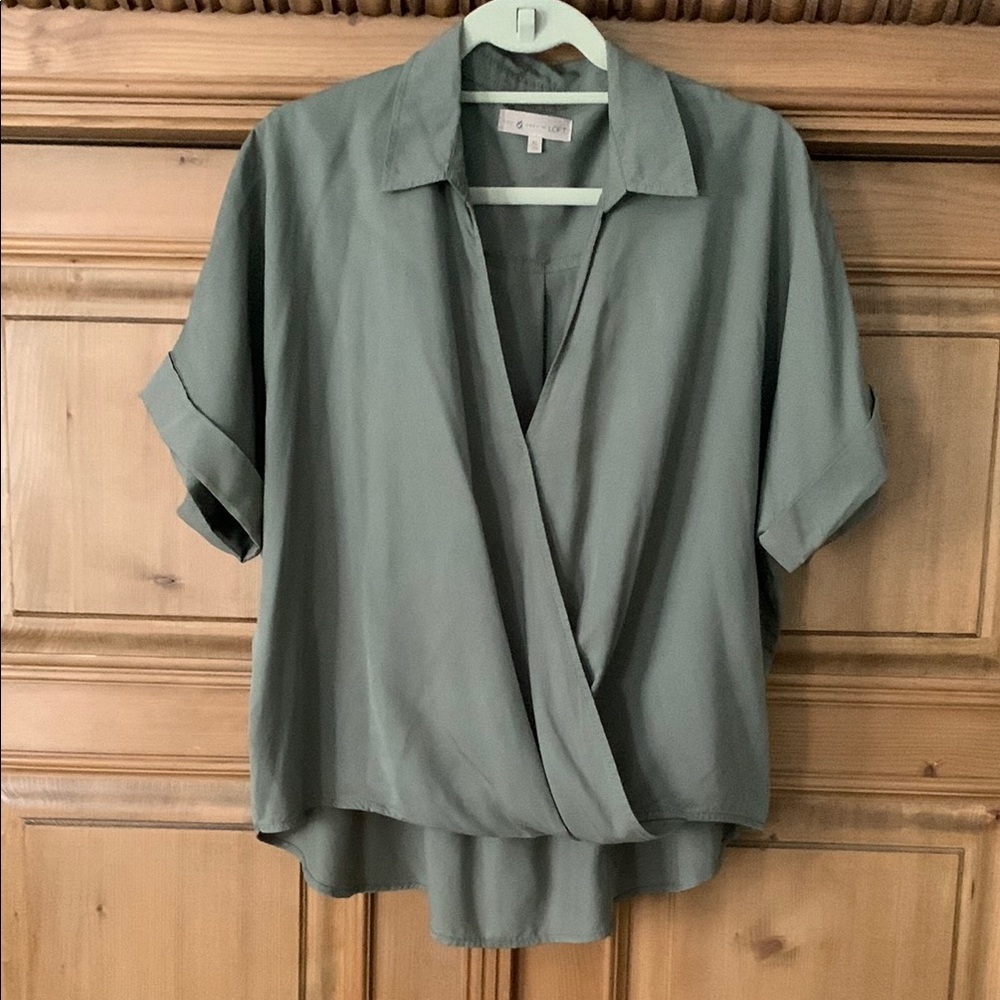 Lou & Grey Green Wrap Blouse with Notched Collar, Size XL